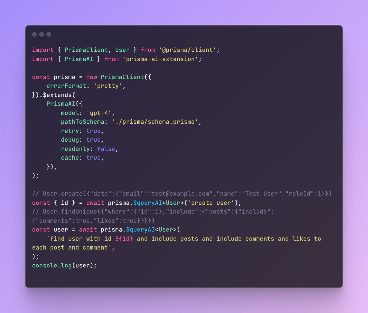 ⭐ Ecosystem highlight of the week: prisma-ai-extension prisma-ai-extension by @rsaryevdev is designed to seamlessly integrate the OpenAI API with Prisma Client. Check it out and give it a ⭐ on GitHub github.com/rsaryev/prisma…