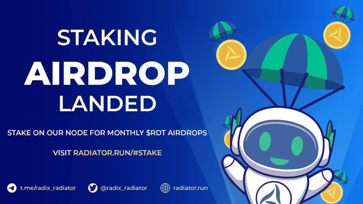 Staking Airdrop landed 🪂

We have just sent out our $RDT staking airdrop for march. 

Don‘t want to miss out on our upcoming airdrops? Delegate your $XRD to the RADIATOR node! ⚡️

Our node has the highest APY on Radix network frequently.

📚 learn more: radiator.run/#stake