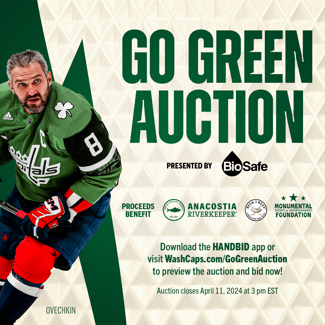 Our Go Green Auction, presented by BioSafe, is now open through April 11! Bid on player-signed green jerseys, with proceeds benefitting @AnacostiaRrkper, @Rink2Reef, and @MSEFndn. ♻️➡️ WashCaps.com/GoGreenAuction