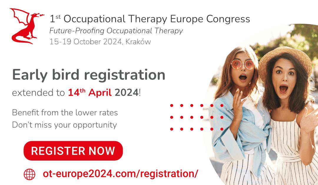 Early bird registration extended! Don´t miss the oportunity to attend the 1st European Occupational Congress: 'Future-Proofing Occupational Therapy' Visit the website ot-europe2024.com/registration/ ⁦⁦@_ROTOS_⁩ ⁦@COTECEurope⁩ ⁦@enOThe1⁩ ⁦@OTeurope1⁩ ⁦