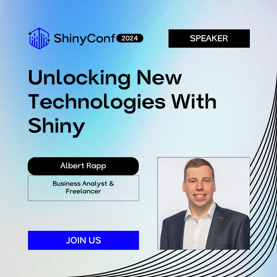 ShinyConf's tweet image. Explore new technologies with Shiny alongside Albert Rapp, a Business Analyst & Freelancer. Don't miss out on this opportunity to expand your technological horizons and dive into the world of AI and Python!
Register: events.ringcentral.com/events/shinyco…
#ShinyApps #NewTechnologies #PyShiny