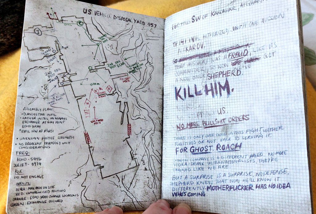 GamesConceptArt's tweet photo. The book appears to have some slight creases, and the pages look like they have been wet at some point.
But I guess it should look used.
Also, the one page that is torn out is probably intentional.

Either way, this book is AMAZING!😃💕

#CallOfDuty #CoD #CoDMW3 #SoapsJournal https://t.co/F01x4rWFd8
