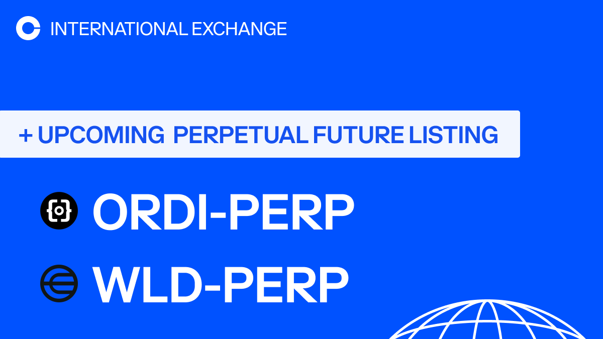 CoinbaseIntExch's tweet image. @CoinbaseIntExch will add support for Ordinals and Worldcoin perpetual futures on Coinbase International Exchange and Coinbase Advanced. The opening of our ORDI-PERP and WLD-PERP markets will begin on or after 9:30am UTC on 11 APR 2024.