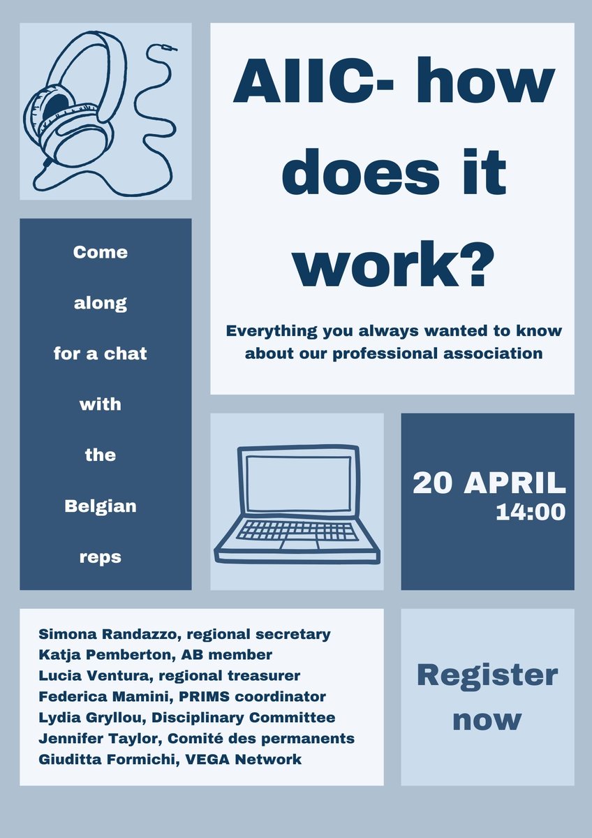 Do you get lost among AIIC’s acronyms? Do you struggle to remember who does what? Would you like to know more about how our professional association works? This is the webinar for you! Join us on 20 April for a chat with the Belgian reps and ask away! shorturl.at/oyA46