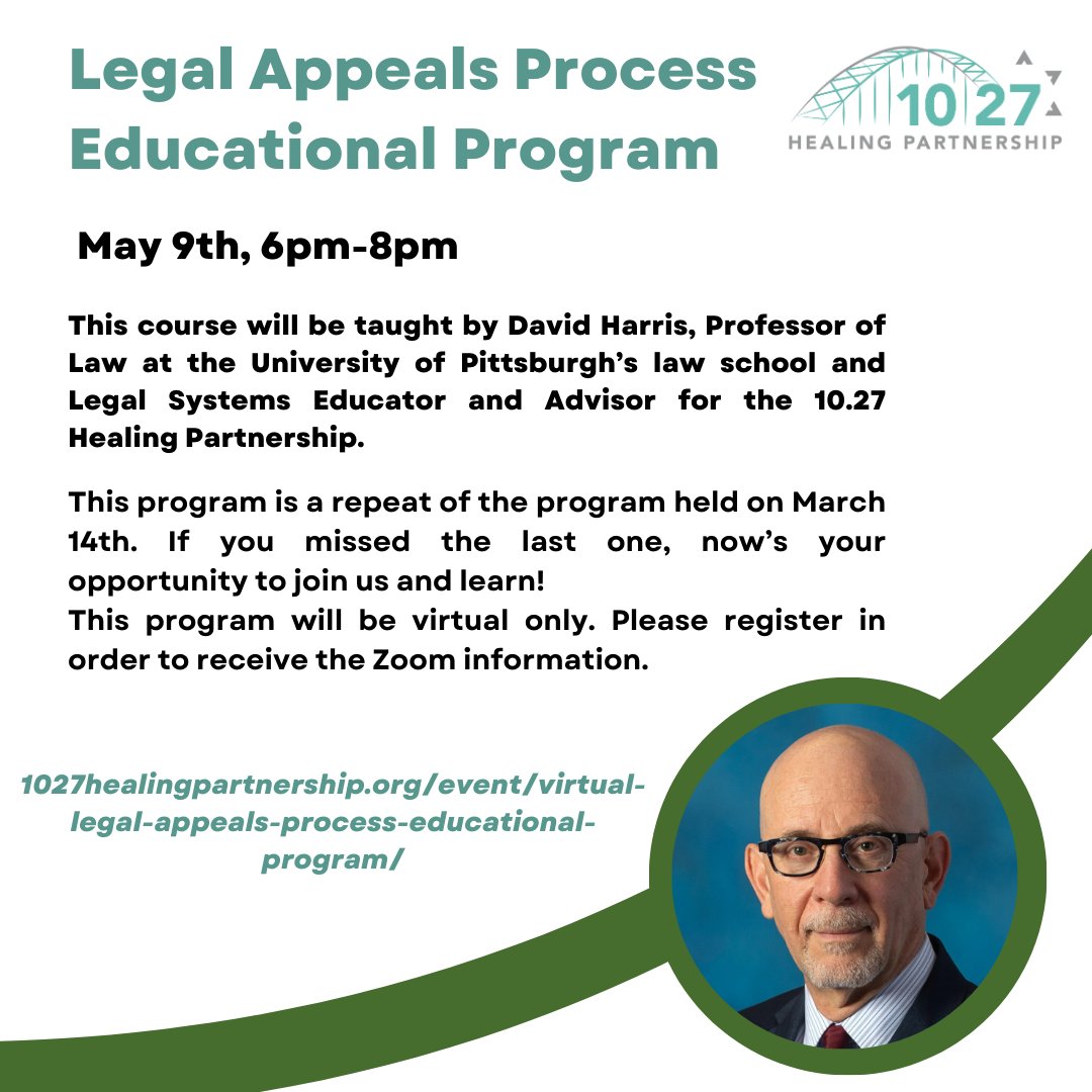 This program will explain what appeals are, the function they serve, and what we should expect to see in the Oct. 27, 2018 synagogue shooting case as this process moves forward. Check out our website to register! 1027healingpartnership.org