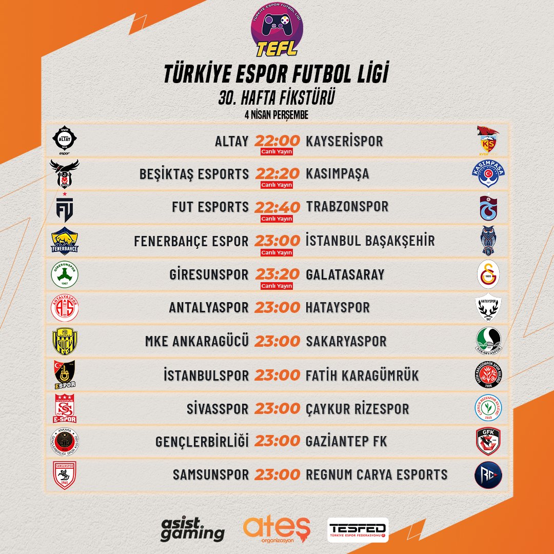 🔈 Türkiye Espor Futbol Ligi’nde heyecan, 30. hafta karşılaşmaları ile devam ediyor.⌛⚽🎮 📺 Her haftanın 5 karşılaşması, @asistgaming Twitch ve Kick kanallarından canlı yayınlanacak. 📋 İşte 30. haftanın programı: