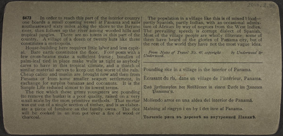 Happy #dLOCollections day! Today's item is a #photograph of children pounding rice in #Panama, ca. 1910s. The photo & note are by the Underwood brothers, who owned a #stereograph company. Thanks to Bill & Barbara Angrick for donating this piece! More at dloc.com/AA00015208/000….