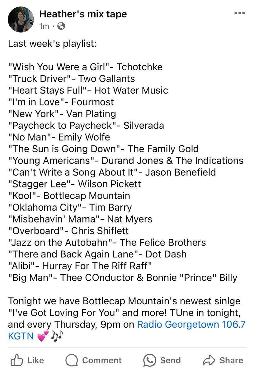 Last week: @tchotchke_music, @TwoGallants, @HotWaterMusic, @the_fourmost, @VanPlating, @silveradamusic, @EmilyWolfeMusic, @thefamilygold1, @DJ_Indications, @jasonbenefield, @bottlecapmntn, @TIMBARRYRVA, @ChrisShiflett71, @felicebrothers, @HFTRR more! Thurs 9pm on @KGTNGeorgetown