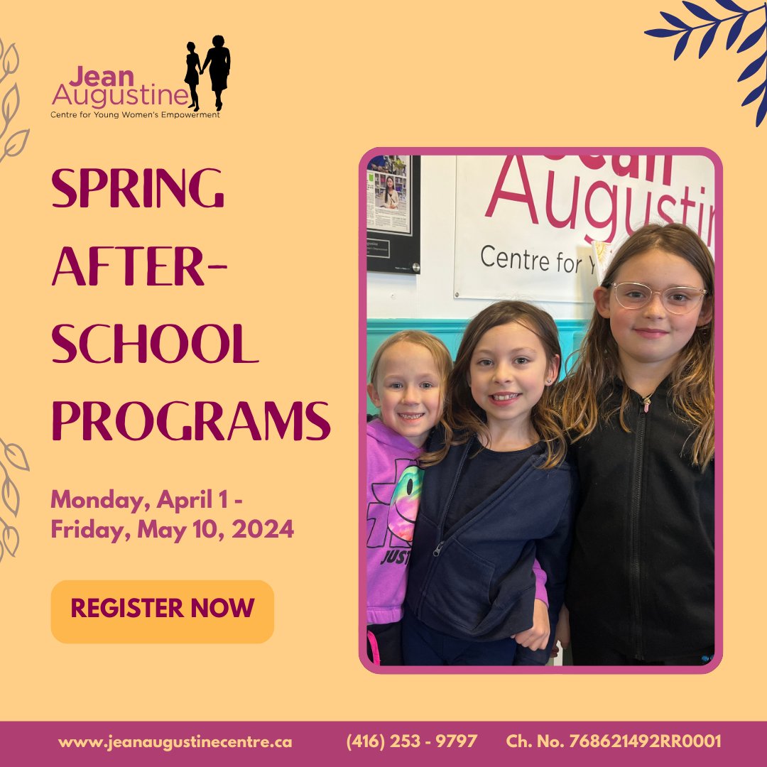 Only 3 DAYS left to register for Spring Programs at the Jean Augustine Centre. 🚨🌷

We still have spots for girls ages 7-12 and young women 13-17 in programs like Let's Experiment, Craftastic, Martial Arts, Youth Council and more!

🔗Sign up today: jeanaugustinecentre.jumbula.com/programs
