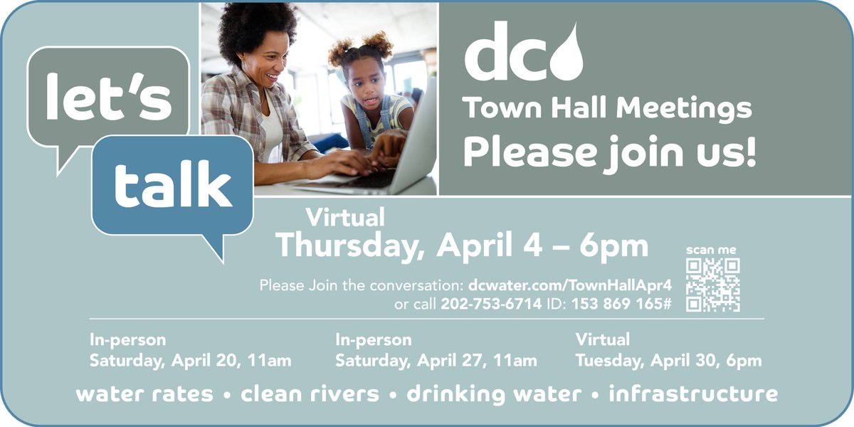 Join us this evening for a virtual town hall meeting @ 6pm! We will be discussing the newest change in rates, and how we are utilizing rate payer $ to improve our water systems. Don't miss this opportunity to engage with us and have your voice heard. Dcwater.com/TownHallApr4