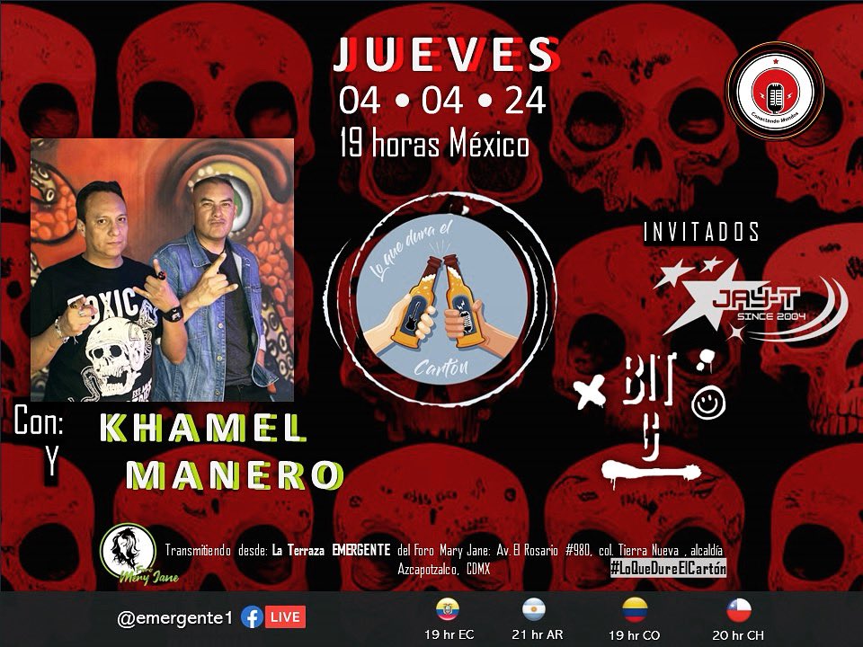 Hoy es jueves de #LoQueDureElCarton y <a href="/MiMANERO/">El Manero</a> y <a href="/emma_khamel/">Emmanuel Khamel</a> los esperamos por FACEBOOK LIVE en los perfiles de LO QUE DURE EL CARTÓN y CONECTANDO MUNDOS-EMERGENTE 7 pm México 🇲🇽 y LA CULTURA VA ADELANTE 9 pm Argentina 🇦🇷 #música #entrevistas #beer #punk
#cerveza 🎸🎶🎵✌🏼🤘🏼🍻😎