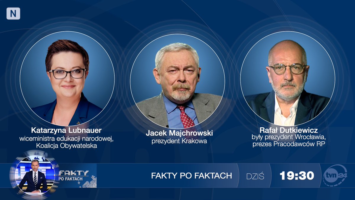 Dzisiejszymi gośćmi Piotra Kraśki będą: wiceministra Edukacji Narodowej - Katarzyna Lubnauer @KLubnauer oraz prezydent Krakowa - Jacek Majchrowski i były prezydent Wrocławia, a obecnie prezes Pracodawców RP - Rafał Dutkiewicz @dutkiewiczrafal. Zapraszamy o godz. 19.30 do @tvn24.