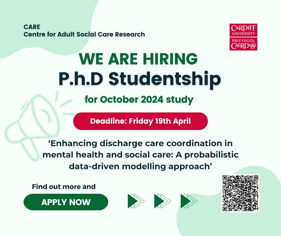 📢 New PhD Opportunity at CARE, situated in Cardiff Business School, for Oct 2024 study. 'Enhancing discharge care coordination in mental health and social care: A probabilistic data-driven modelling approach' ⏰ Deadline: Friday 19th April Apply: findaphd.com/phds/project/e…