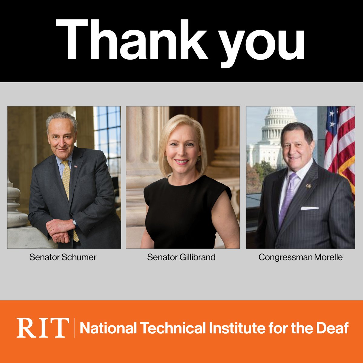 Thank you Senate Majority Leader Charles Schumer, U.S. Sen. Kirsten Gillibrand, and Rep. Joe Morelle for your support of RIT/NTID's 2024 federal funding appropriation: brnw.ch/21wIvXR @SenSchumer @SenGillibrand @repjoemorelle