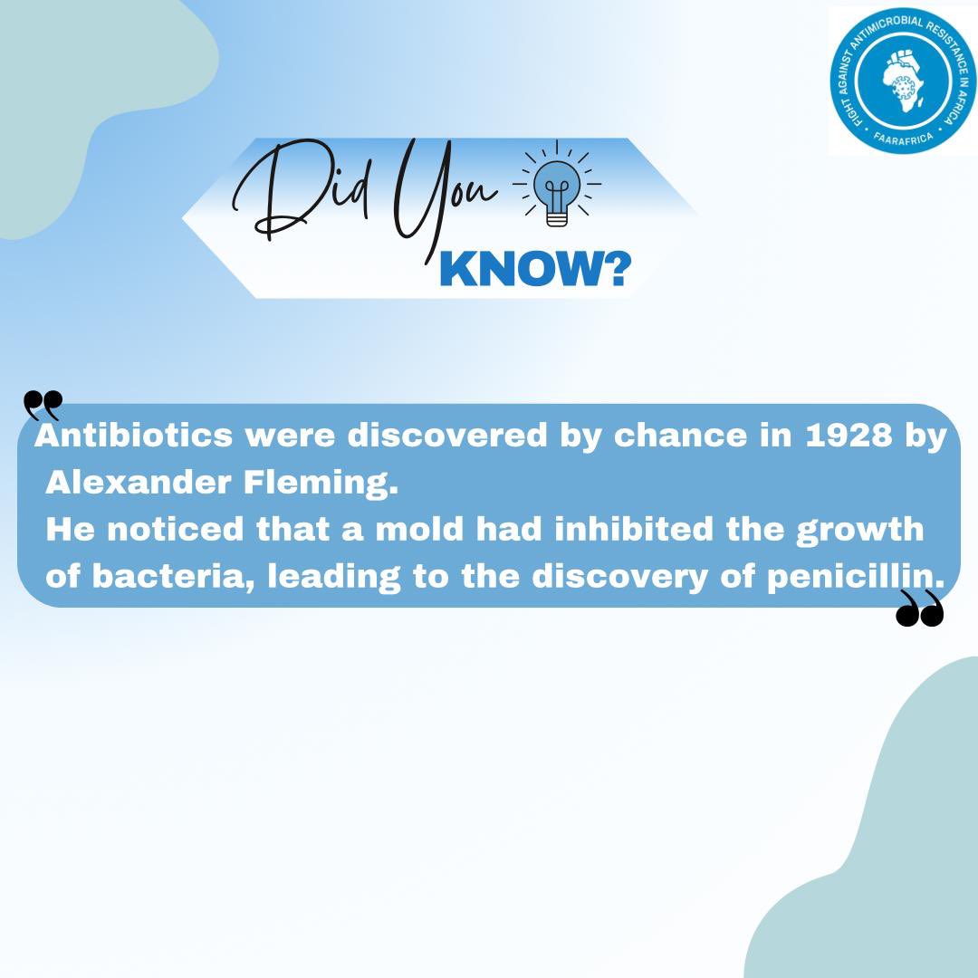 In 1928 Alexander Fleming discovered that a fungus, Penicillium notatum, had contaminated his work and made bacteria-free zones on the culture plate. He found this mould effective even at very low concentrations. This discovery began the golden age of antibiotics. #faarafrica