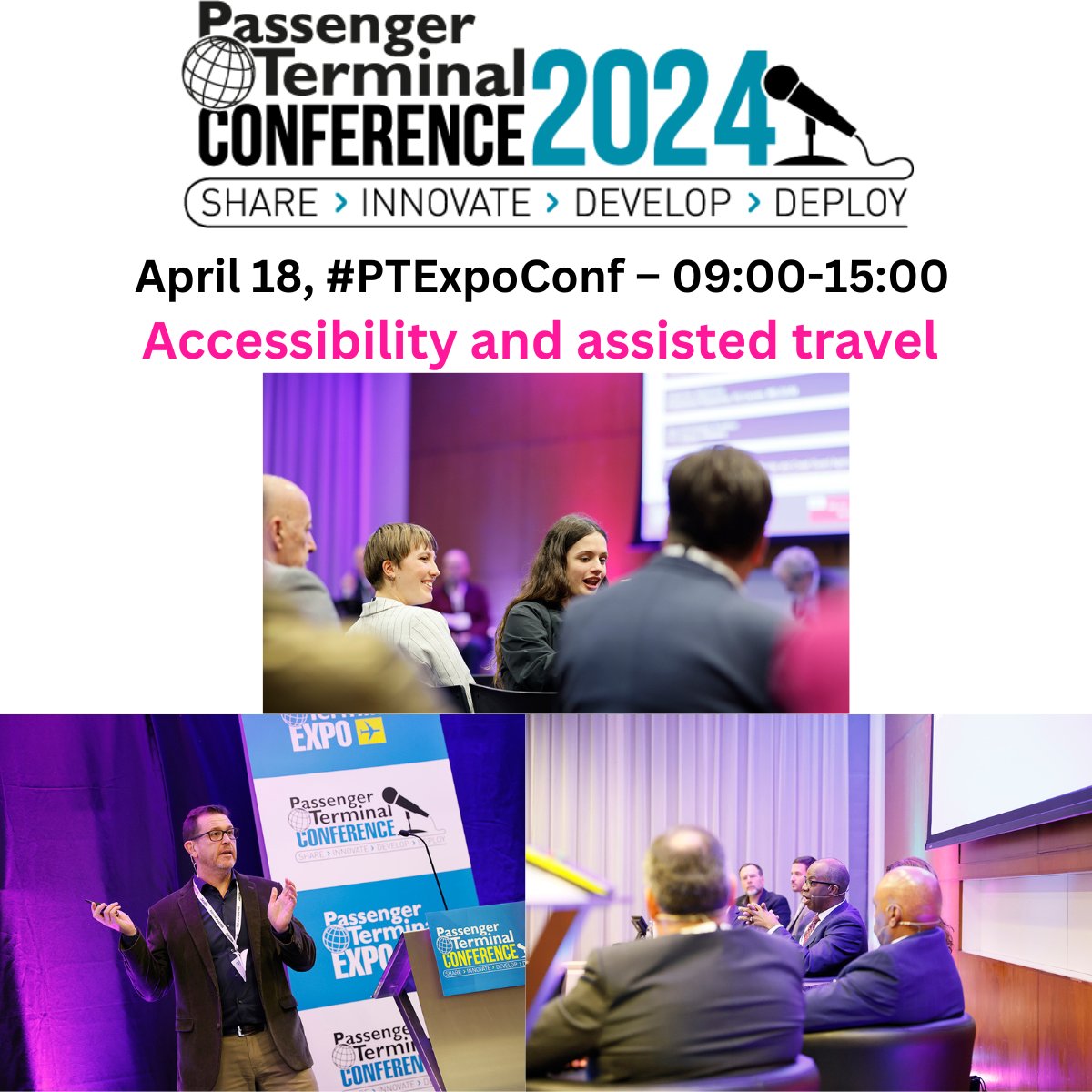 🔊 April 18, 2024 #PTExpoConf – 09:00-15:00 - ✈️ Accessibility and assisted travel 🔊Passenger Terminal EXPO & CONFERENCE ✈️ Check out the latest line up! Book your place today: bit.ly/48PXiUI View the entire conference program: bit.ly/3TPvMCu