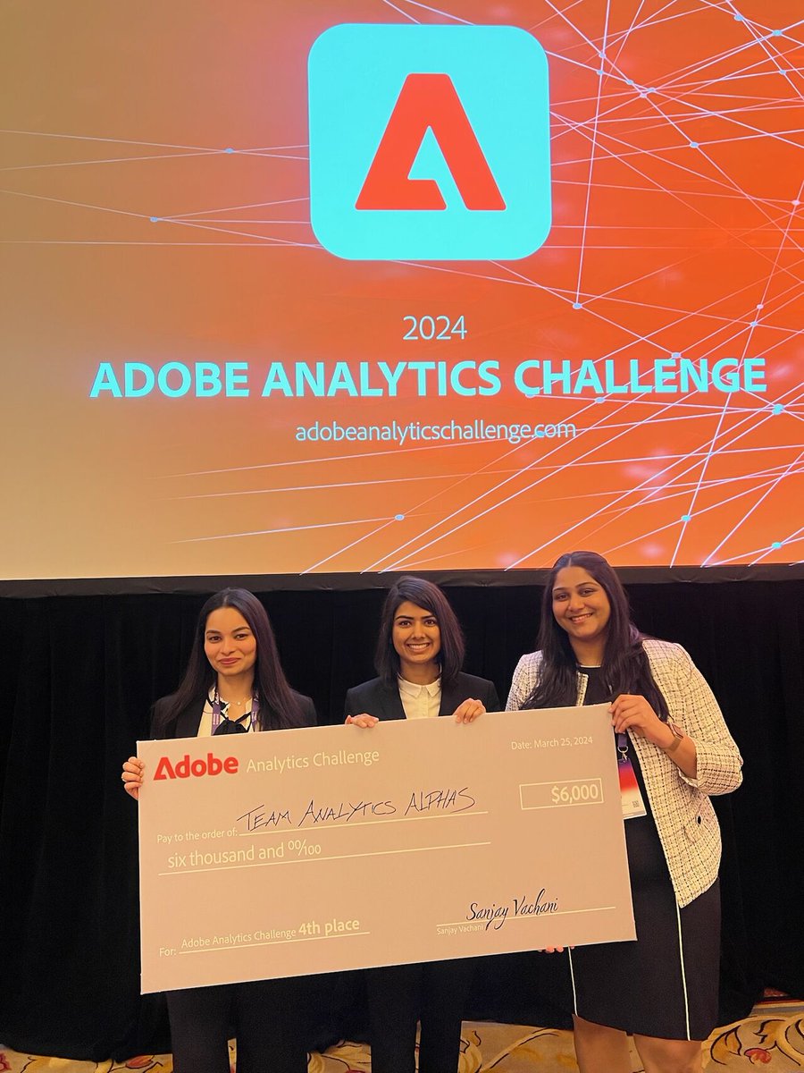 Congrats Juweria Jilani, Apoorva Jain &amp; Sakshi Goel of Analytics Alphas for 4th place in the Adobe Analytics Challenge at Adobe Summit 2024! Out of 2000+ teams from 40+ countries, their standout performance shines. Special thanks to Professor Jie Zhang as well. #AdobeSummit