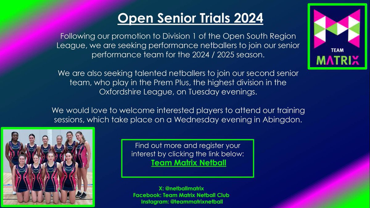 We would love to hear from you if you are interested in joining our senior teams for next season! @MatrixNetball