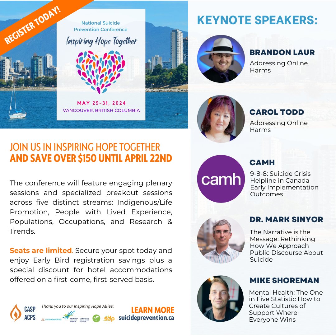 We're thrilled to announce we've extended our Early Bird Registration savings for CASP’s National #SuicidePrevention Conference – Inspiring Hope Together. Visit bit.ly/4bh0Elx for details. #VancouverBC #MentalHealthAwareness #MentalHealthMatters
