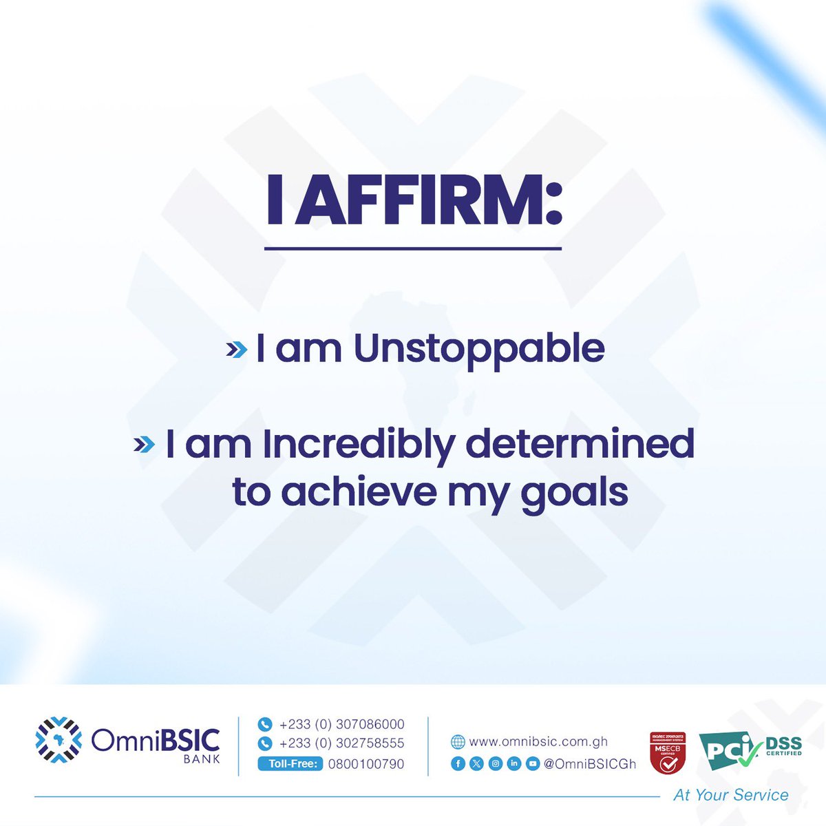 Repeat this: 

I am Unstoppable 
I am incredibly determined to achieve my goals 😊

#OmniBSICBank #BestBanksInGhana #BanksInGhana #AtYourService 
omnibsic.com.gh