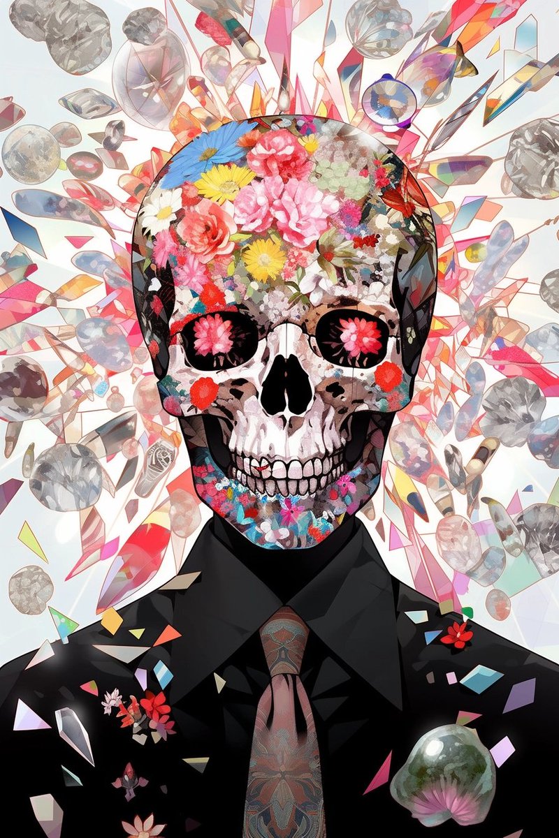 g_prompter's tweet photo. #PromptShare - #Niji

A man wearing a skull cover with a red flower face, in the style of cubist fragmented reality, made of crystals, hyper-realistic pop, blink-and-you-miss-it detail, dada, polished metamorphosis, fragmented icons https://t.co/AEVn0yRlJQ