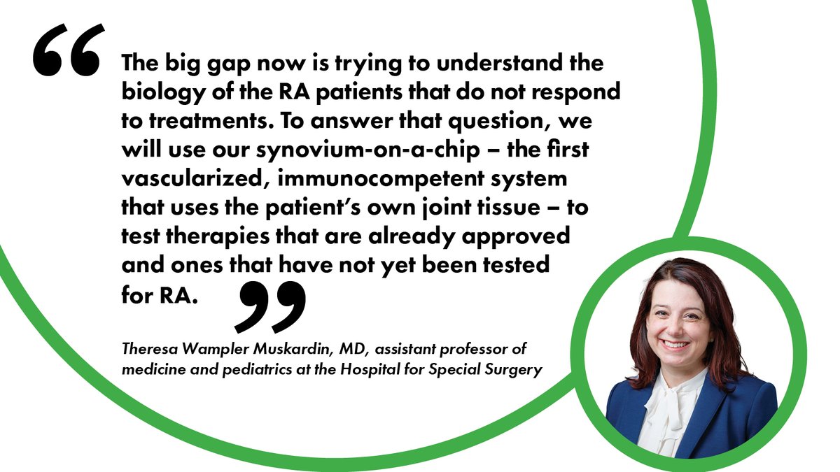 Dr. Wampler Muskardin’s team will leverage their expertise in “organ-on-a-chip” technology to understand the cellular and immune events in the synovium (tissue lining joints) that correlate with treatment responses in #rheumatoidarthritis patients. bit.ly/3TJemWp