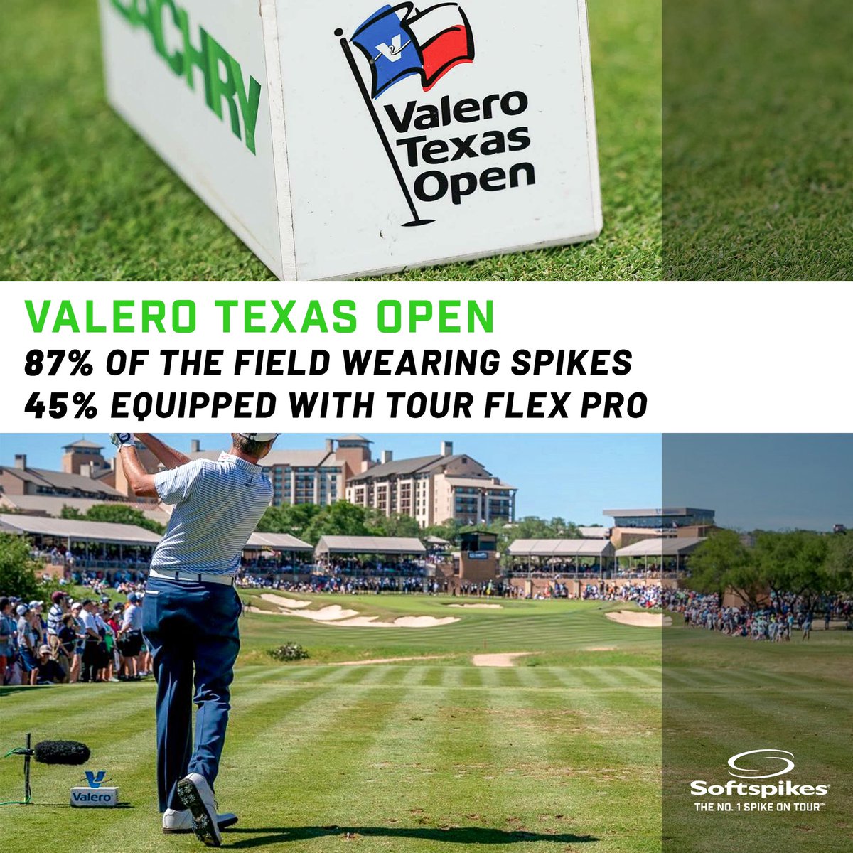 softspikesgolf's tweet photo. The stats are strong heading into the penultimate Tour event before The Masters. 

•87% of the field wearing spikes 
•45% equipped with Tour Flex Pro 

#winnerswearspikes #homeoftraction #golfperformance #ValeroTexasOpen https://t.co/GDh4eenps1