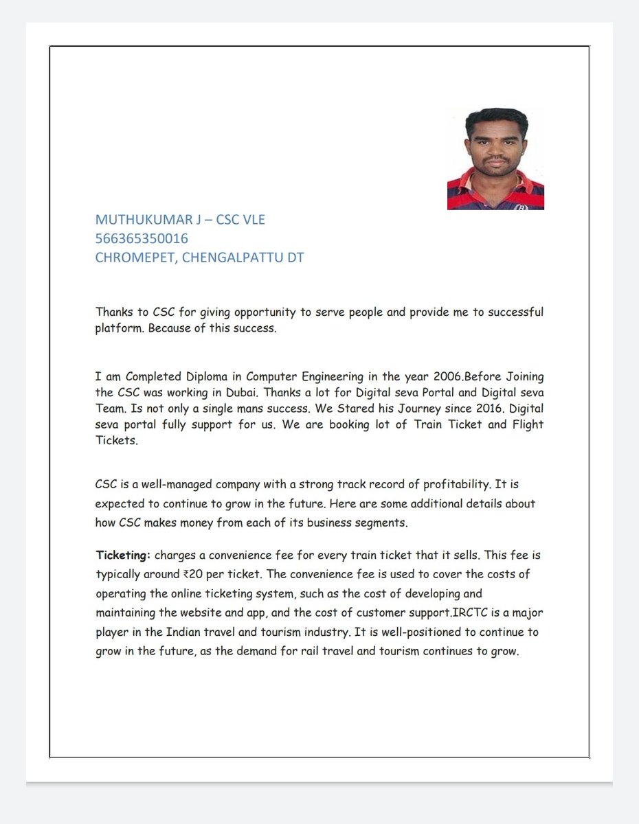 Tamil Nadu State Chengalpattu district CSC services(IRCTC ) success story about VLE Mr Muthukumar