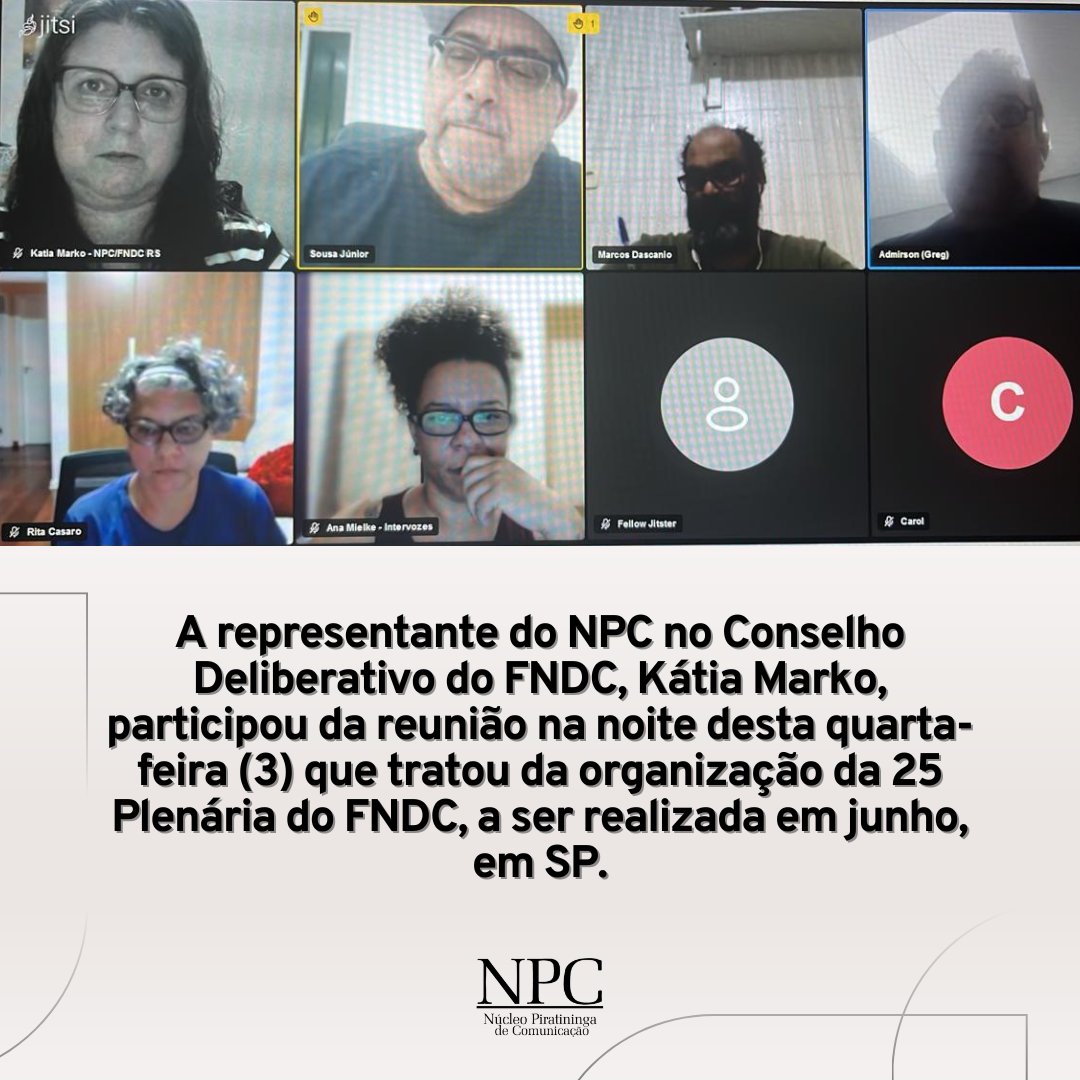 NPC_'s tweet image. #NPCinforma

A jornalista @katiamarko participou, na noite do dia 03/04/2024, de reunião para tratar da organização da 25° Plenária do @fndc_br  (Fórum Nacional Pela Democratização da Comunicação)
