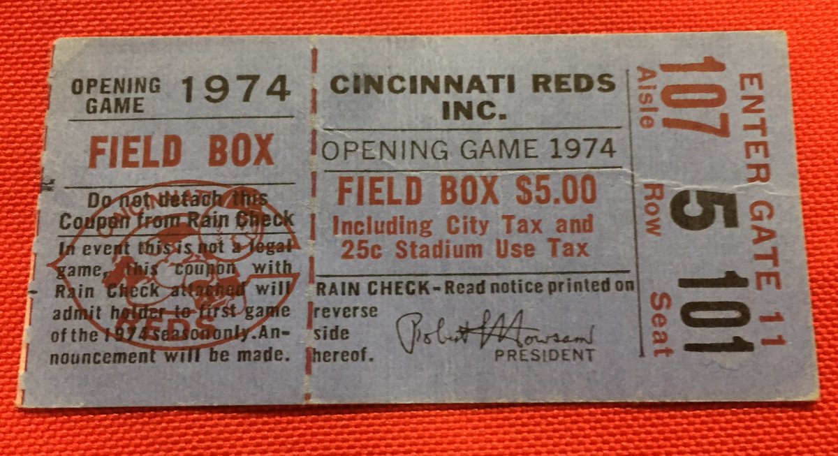 April 4, 1974: #OTD in Reds history, Hank Aaron tied Babe Ruth’s career home run record of 714 with a first-inning, two-run homer off Jack Billingham on Opening Day at Riverfront Stadium. #RedsMuseumArchives: “I Was There” cert., a Hank Aaron game-used bat, & ticket stub.