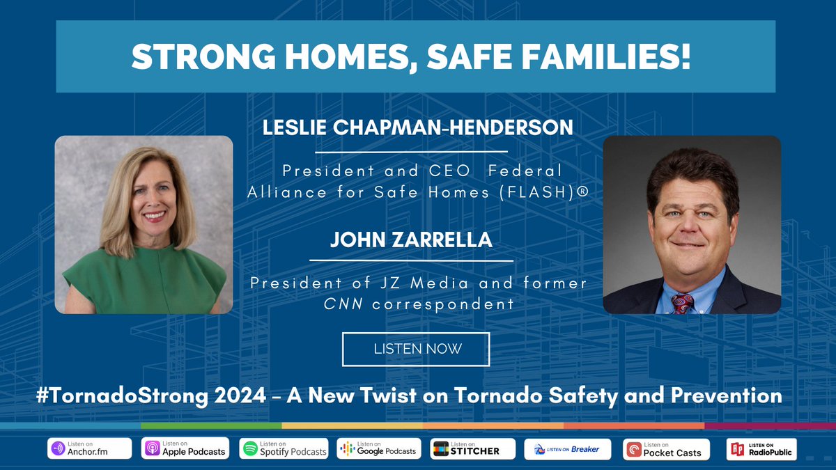 Tune in to our latest podcast episode with
<a href="/ZarrellaJohn/">John Zarrella</a> <a href="/LCHenderson/">Leslie Henderson</a> to hear #TornadoStrong survey findings that shed light on knowledge gaps in tornado safety. From garage doors to safe rooms, it's time to make #TornadoSafety second nature. bit.ly/3VLRDM3