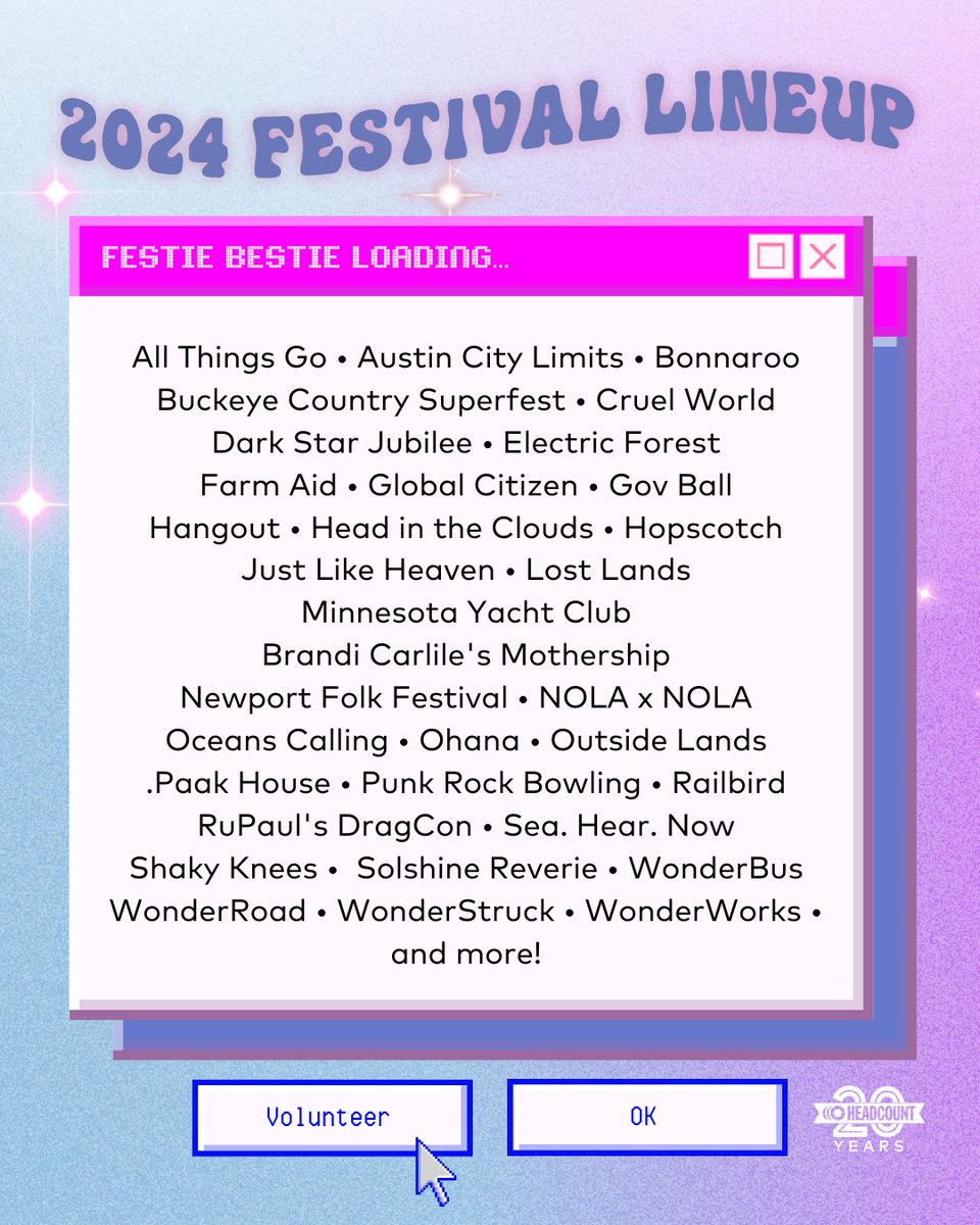 🥁 drum roll please...
We present you HeadCount's 2024 Festival Lineup ❗️

We're gearing up for a busy summer, registering voters at festivals coast to coast. Wanna join the team? Sign up at HeadCount.org/Festivals