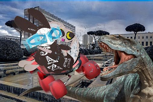 The Wabbit went outside and hopped on the skateboard. He threw two coins on the ground. 'Tethering,' he said. The deck's wheels expanded to enormous proportions. Lapinette hopped on behind him. 'Hold on. Don't get separated.' IN Follow the Wabbit followthewabbit.com