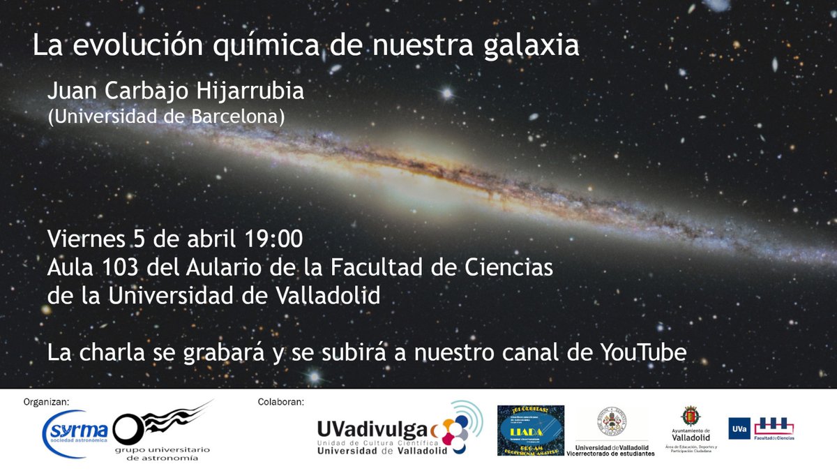 ¡¡Recuerdo  que mañana tenemos una charla estupenda!! Qué mejor para coger la  vuelta de vacaciones con ganas que una charla de astronomía, "La  evolución química de nuestra galaxia". 😉