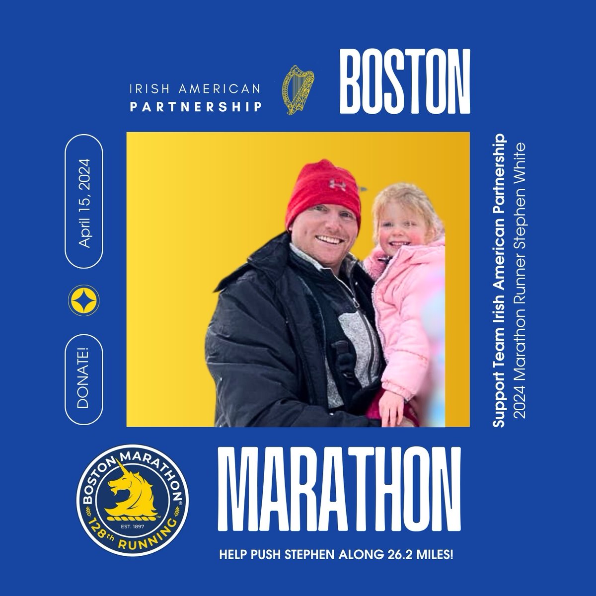 Please join us in cheering on Stephen White for his 10th marathon, as part of Team @Irishaporg in the @BAA 128th #BostonMarathon® on April 15 - presented by @BankofAmerica! Help push Stephen by supporting schools across the island of Ireland. Donate: bit.ly/3vwpuxY