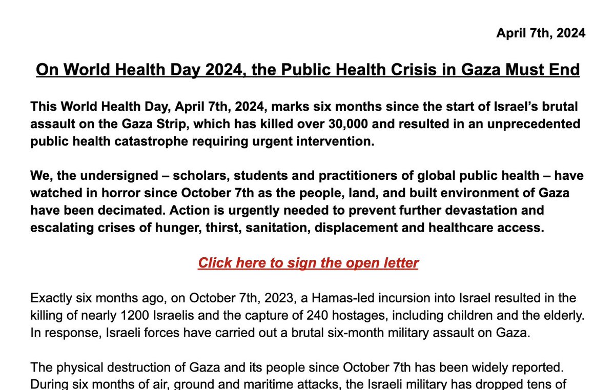 The global Public Health community is mobilizing ahead of #WorldHealthDay.

Join other public health scholars, students and practitioners and demand an end to the violence and public health catastrophe that is decimating Gaza.

Sign the open letter: forms.gle/3wfTV8kpUbChJY…