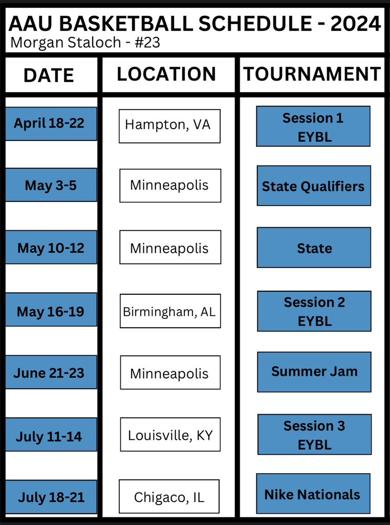 My AAU Basketball Schedule!! Come watch my team play! @NorthTartan