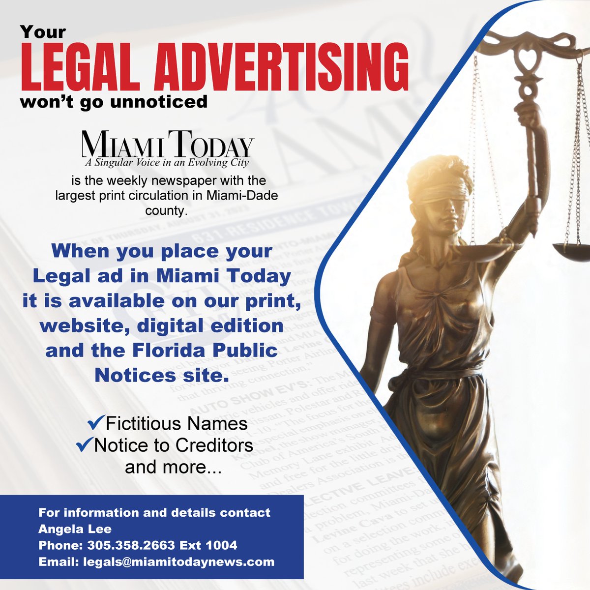 Miami Today is the perfect vehicle for your LEGAL ADVERTISING When you place your Legal ad in Miami Today it is available on our print, website, E-edition and the Florida Public Notices site For details: miamitodaynews.com/advertise/lega… #LegalAds