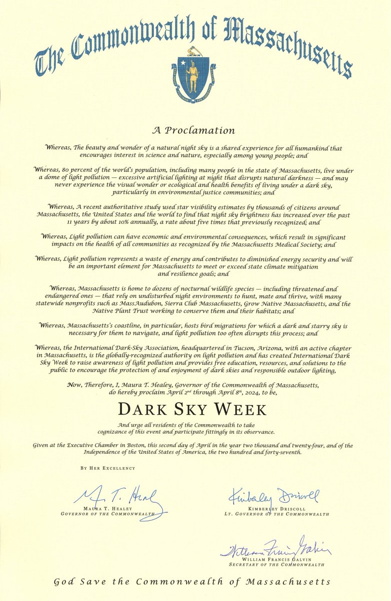Thank you, @MassGovernor, for your proclamation recognizing Dark Sky Week! Let's pass my dark skies legislation (S.2102) and join 19 states in reducing light pollution, saving energy, cutting emissions, promoting human & wildlife health—and preserving our starry skies. @IDA_Mass