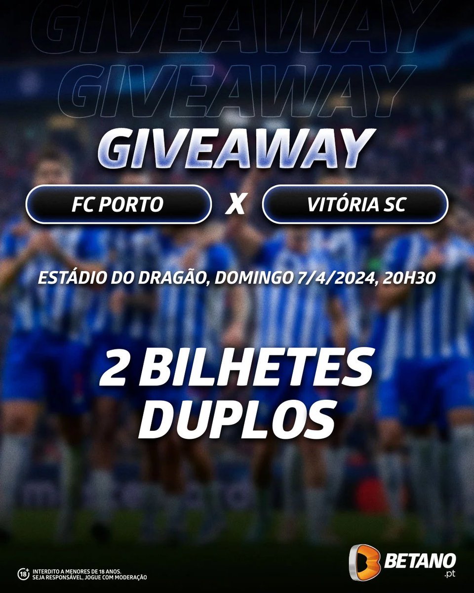 🚨 𝗚𝗜𝗩𝗘𝗔𝗪𝗔𝗬! 🚨

𝟮 𝘽𝙞𝙡𝙝𝙚𝙩𝙚𝙨 𝘿𝙪𝙥𝙡𝙤𝙨 para o #FCPorto 🆚 Vitória SC! 🤩

Requisitos:
1️⃣ Seguir a <a href="/Betano_PT/">Betano Portugal 🔞</a> e a <a href="/DragaoNews1893/">Dragão News 🇸🇻</a>
2️⃣ Retweet
3️⃣ Identificar um amigo

⚠️ Os vencedores serão anunciados dia 6 de Abril, às 22h!