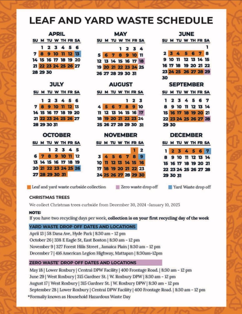 A reminder that leaf & yard waste curbside collection begins on Monday, April 8. If you have 2 recycling days per week, yard waste is collected on your first recycling day. To download the schedule & learn more about Zero Waste drop-off days & locations: Boston.gov/yard-waste