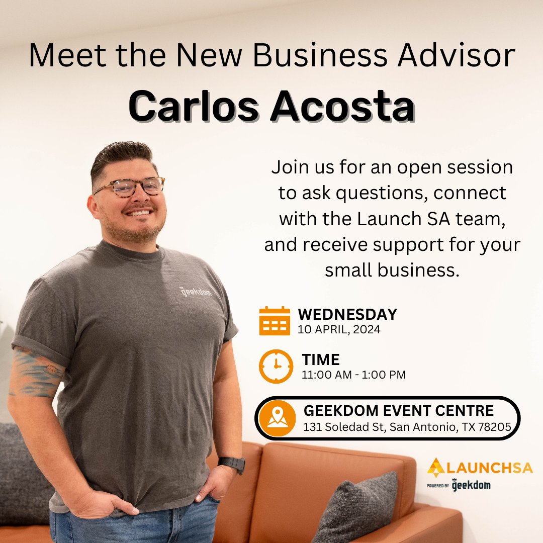 Meet our new business advisor, Carlos Acosta, at the Geekdom Event Centre!
Join our open session to ask questions, connect with the Launch SA team, and receive valuable support for your small business journey! 🚀