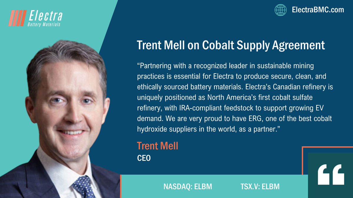 $ELBM CEO, Trent Mell, on their newest partnership with ERG: Electra is now “uniquely positioned as North America’s first cobalt sulfate refinery, with IRA-compliant feedstock.” Find his full statement below and read our press release here: electrabmc.com/electra-and-eu… #Cobalt #Co