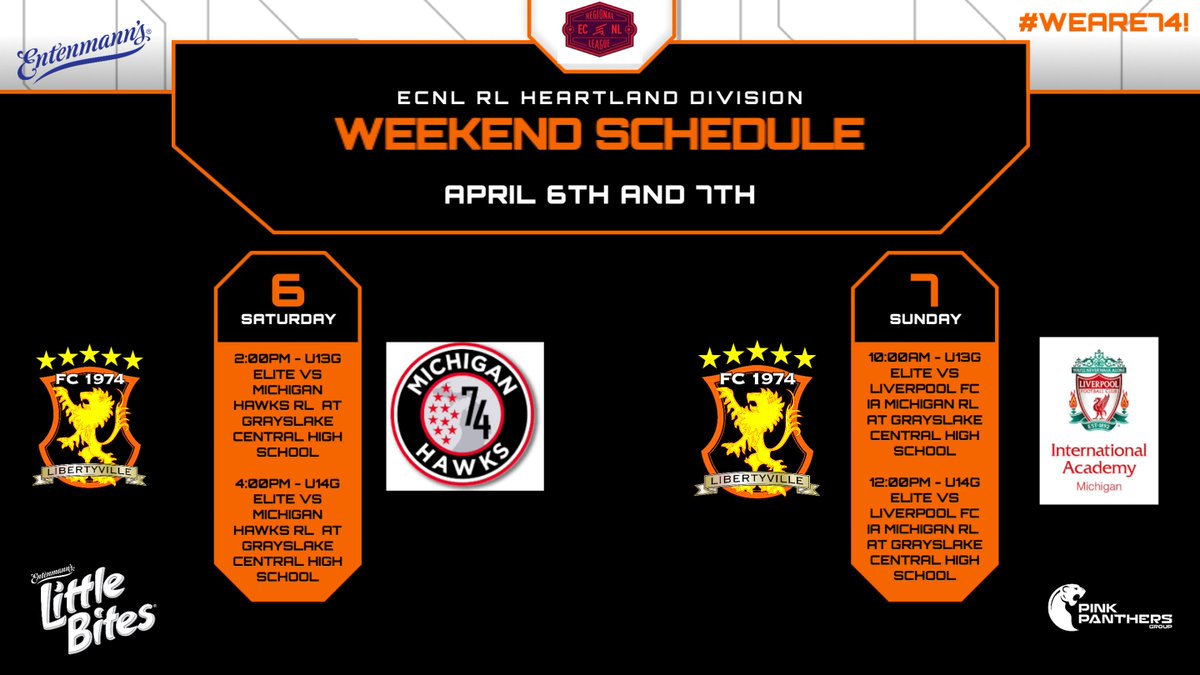 ECNL RL Heartland Conference weekend matchups! The U13 and U14 Girls Elite are hosting Michigan Hawks RL and Liverpool FC IA Michigan! #weare74!