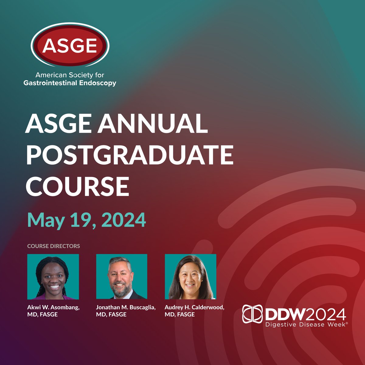 Enhance your #DDW2024 experience with ASGE's Annual Postgraduate Course on May 19! Course Directors @AkwiAsombangMD, @JonathanBuscag1 and @AudreyGIdoc take the lead with topics of digestive health in LGBTQIA+ patients and endoscopy in pregnancy. Sign up at hubs.ly/Q02rmxlg0