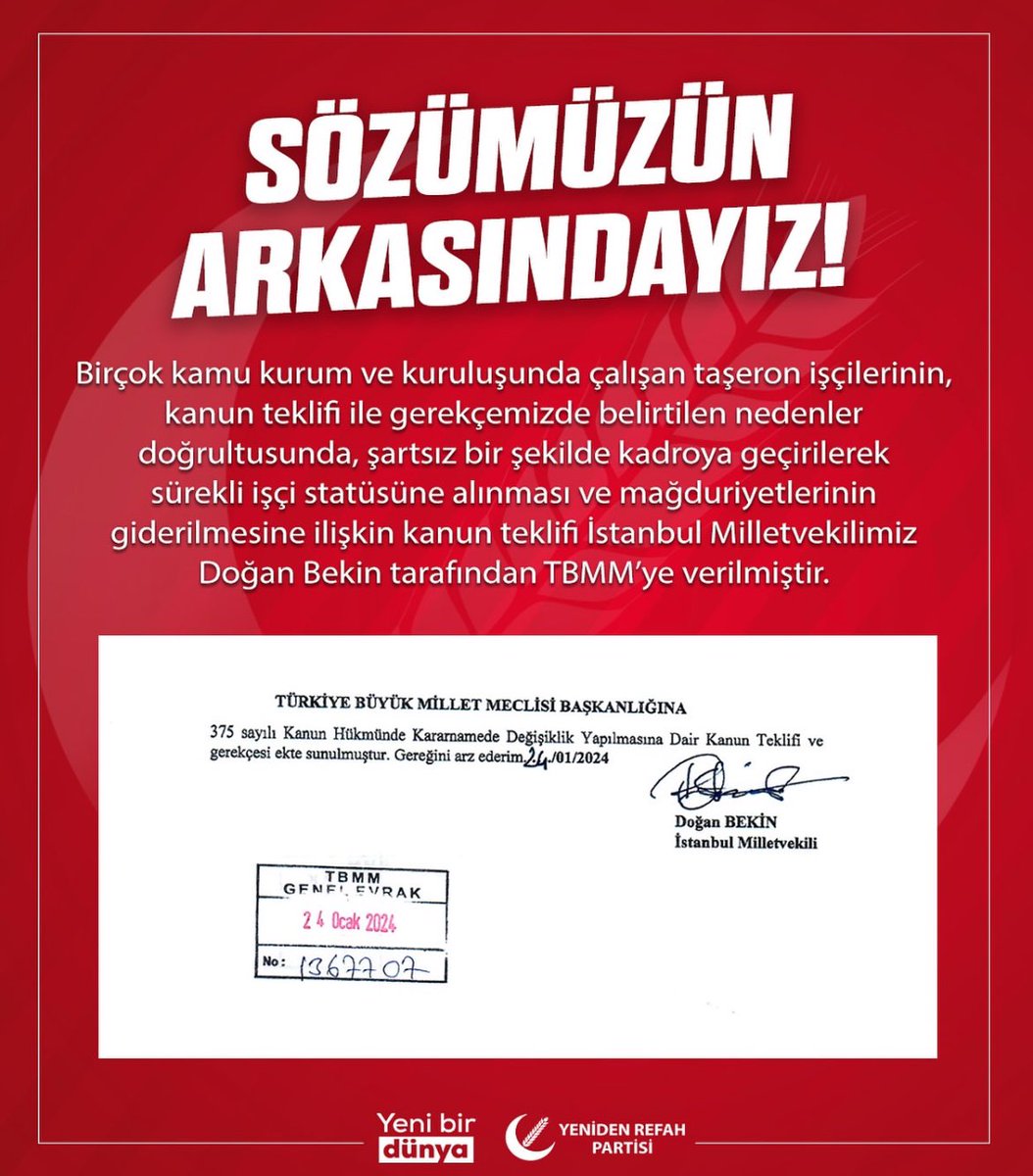 Genel seçimler sonrası TBMM’ye vermiş olduğumuz kanun tekliflerinden;
📌Kademeli Emeklilik
📌Staj ve Çıraklık
📌Mülakatın Kaldırılması
📌Taşeron işçilerin kadroya geçirilmesi ve mağduriyetlerinin giderilmesi

hususundaki vermiş olduğumuz kanun tekliflerimizin meclisten