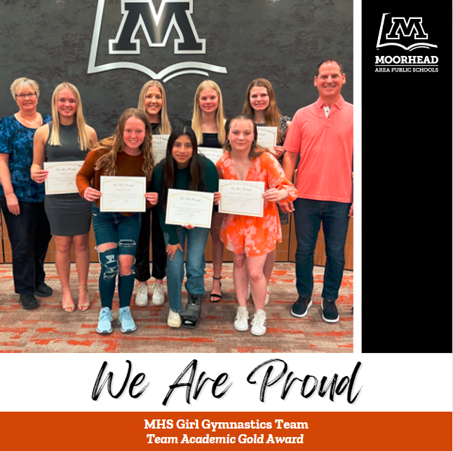 #WeAreProud of the MHS Girls Gymnastics team! The School Board presented the team with We Are Proud awards for their combined team 3.816 GPA earning them a Team Academic Gold Award from the Minnesota Girls Gymnastics Coaches Association. #OnceASpudAlwaysASpud