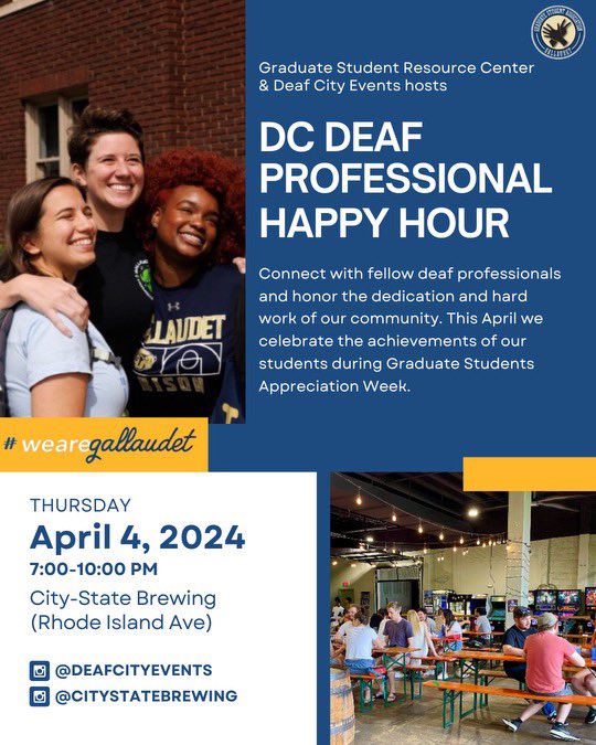 ✨TONIGHT! Join Gallaudet’s Graduate Student Resource Center for Deaf Professional Happy Hour (DPHH) in the taproom! 4/4, 7 to 10 PM
