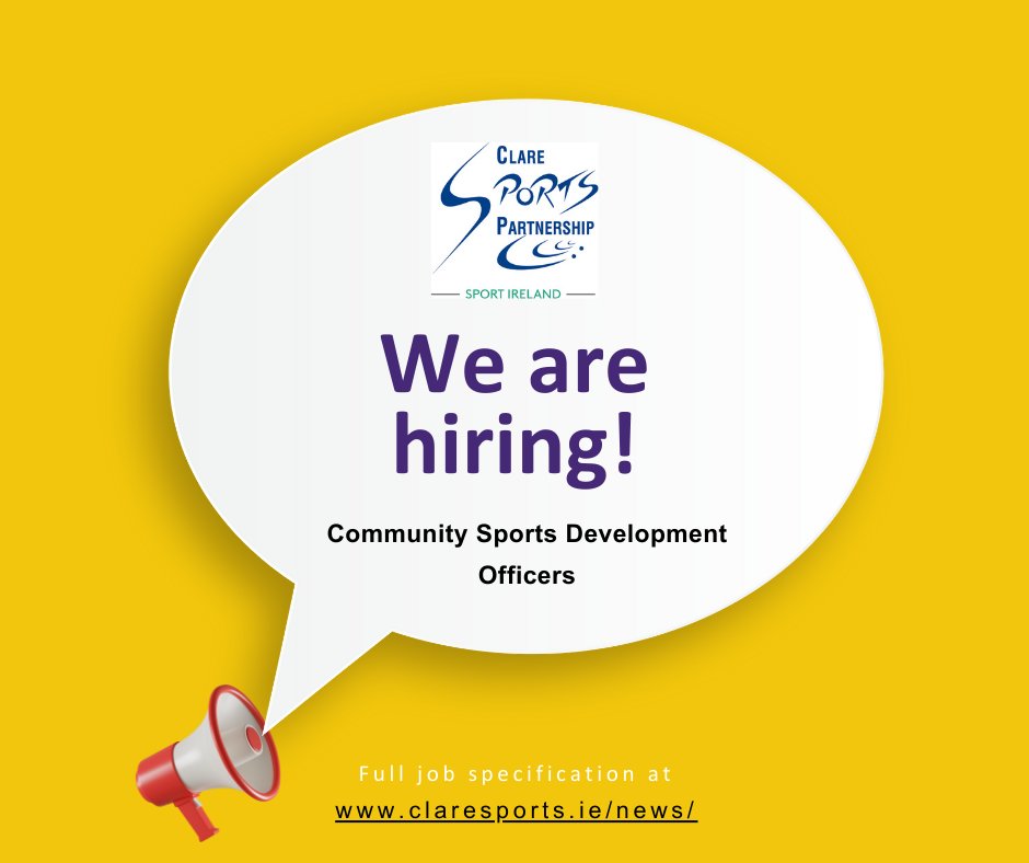 The deadline for applications for our Community Sports Development Officer roles is fast approaching! ⏳ This is an amazing opportunity to inspire and motivate people to discover the joy of sports and physical activity 💪🤸🏽‍♀️🤩 Apply now 👉 claresports.ie/sports-develop… #ActiveClare