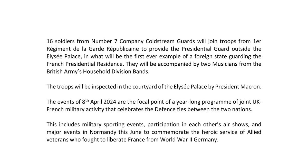 The Duke and Duchess of Edinburgh, @CEMAT_FR and @AmbDuchene will attend a parade at Buckingham Palace on 8 April to commemorate the #EntenteCordiale120, with the exceptional participation of the @GardeRepFR. France is the first non-Commonwealth country to have this honour. 🇫🇷 🇬🇧